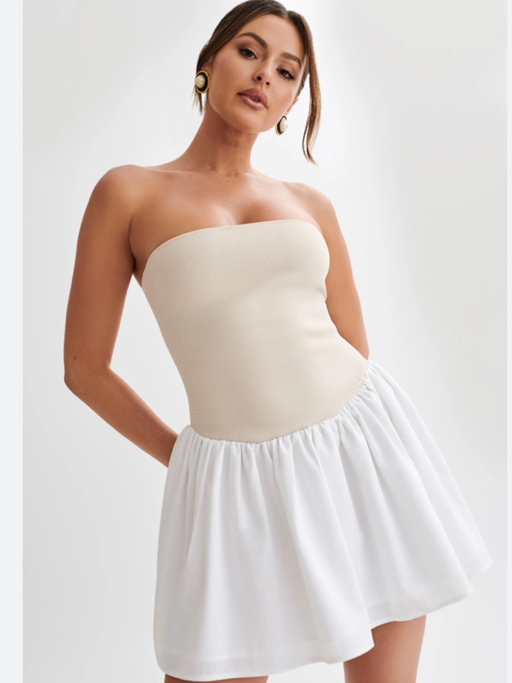 Meshki Hannah Knit and Linen Beige and White Strapless Mini Dress